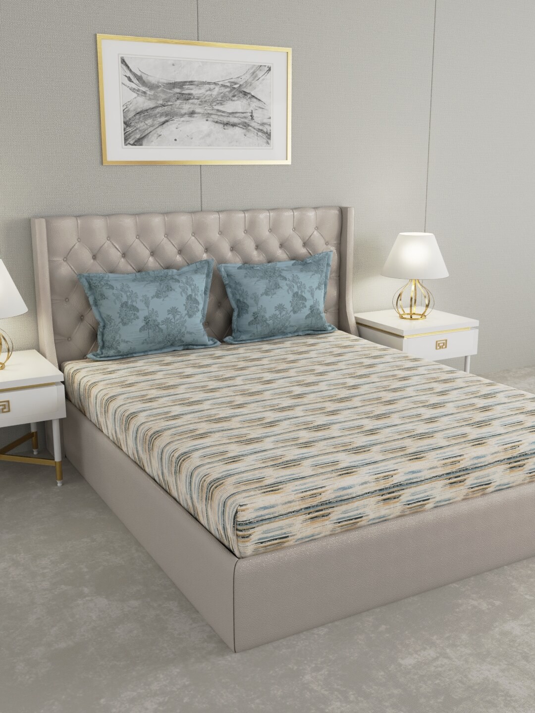 

MYTRIDENT Beige Graphic Printed 144 TC Queen Bedsheet with 2 Pillow Covers