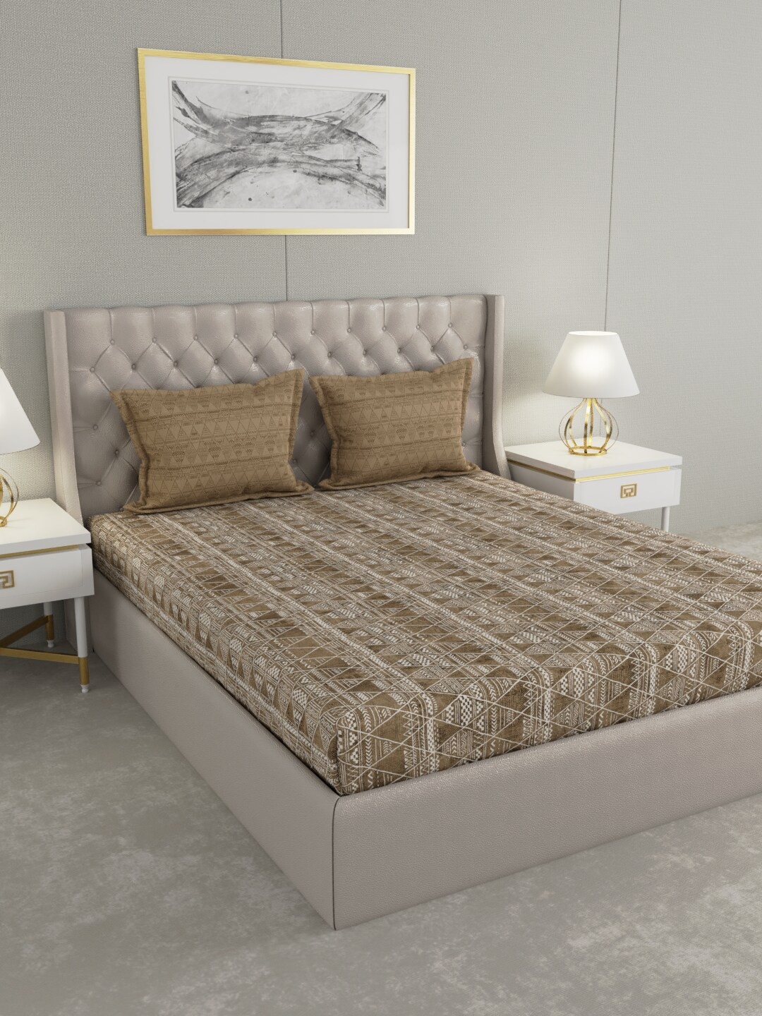 

MYTRIDENT Brown Graphic 144 TC Queen Bedsheet with 2 Pillow Covers