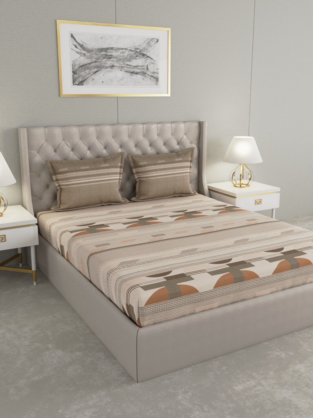 

Trident Brown & Grey Geometric 144 TC Queen Bedsheet with 2 Pillow Covers