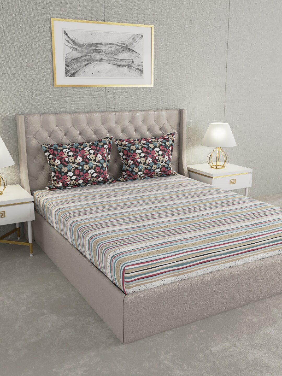 

Trident Grey & Multicoloured Floral 144 TC Queen Bedsheet with 2 Pillow Covers