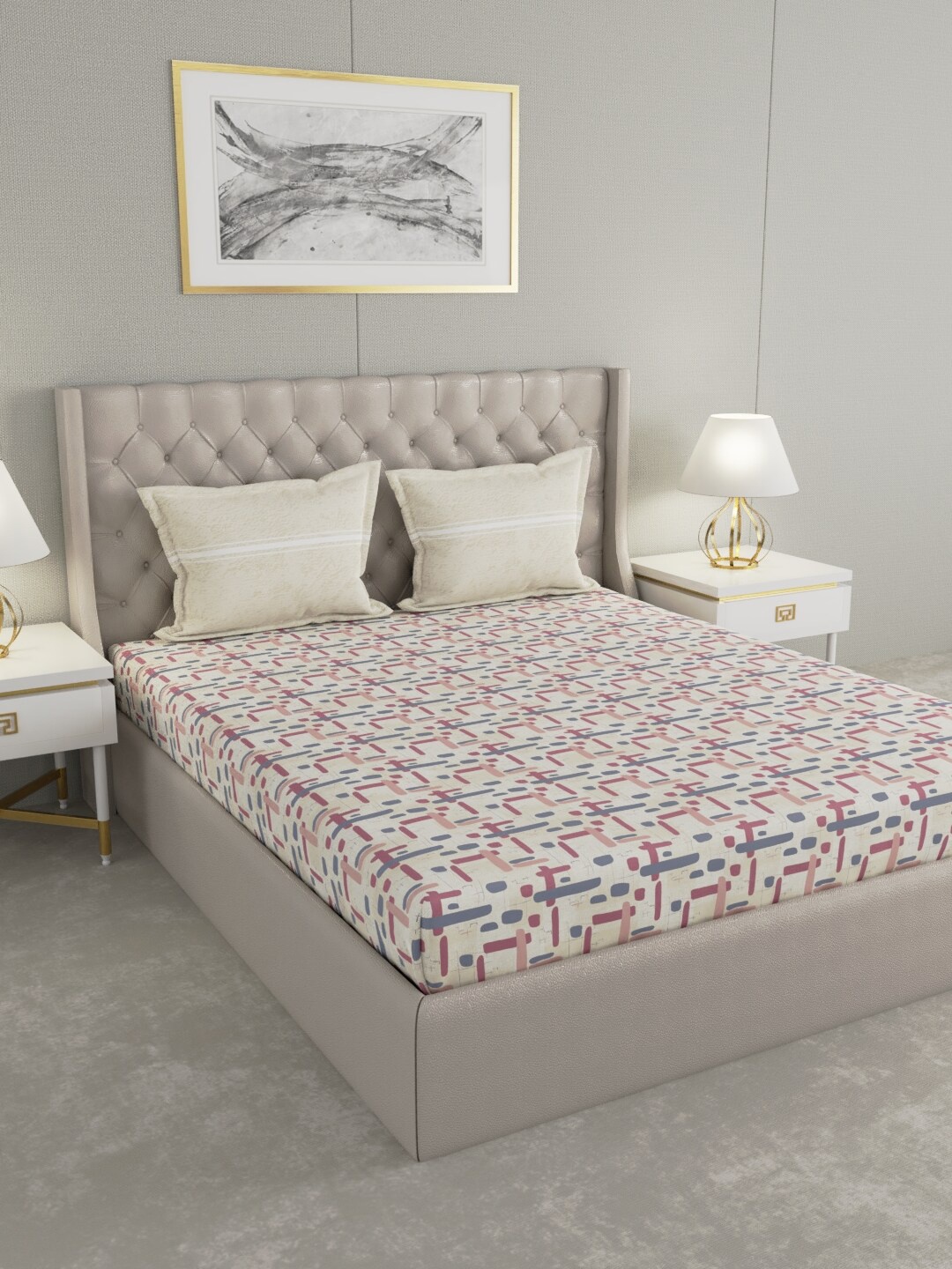 

MYTRIDENT Beige Magenta Geometric 144 TC Queen Bedsheet with 2 Pillow Covers