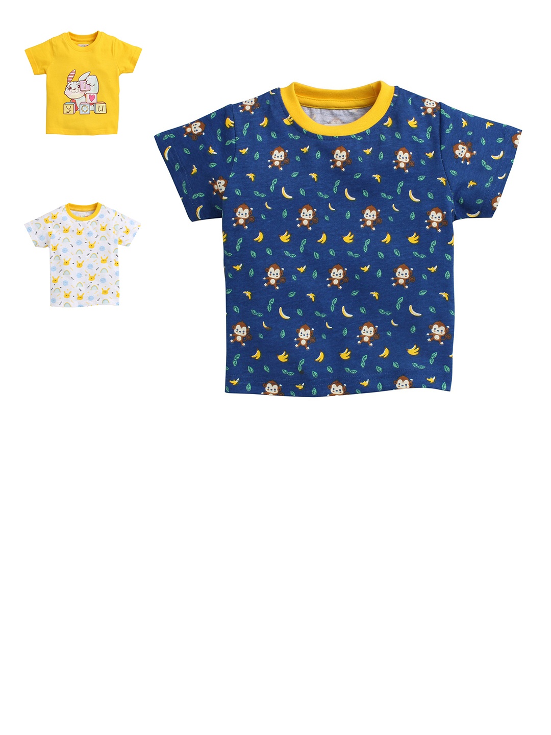 

BUMZEE Boys Pack of 3 Yellow & Navy Blue 3 Printed Cotton T-shirt