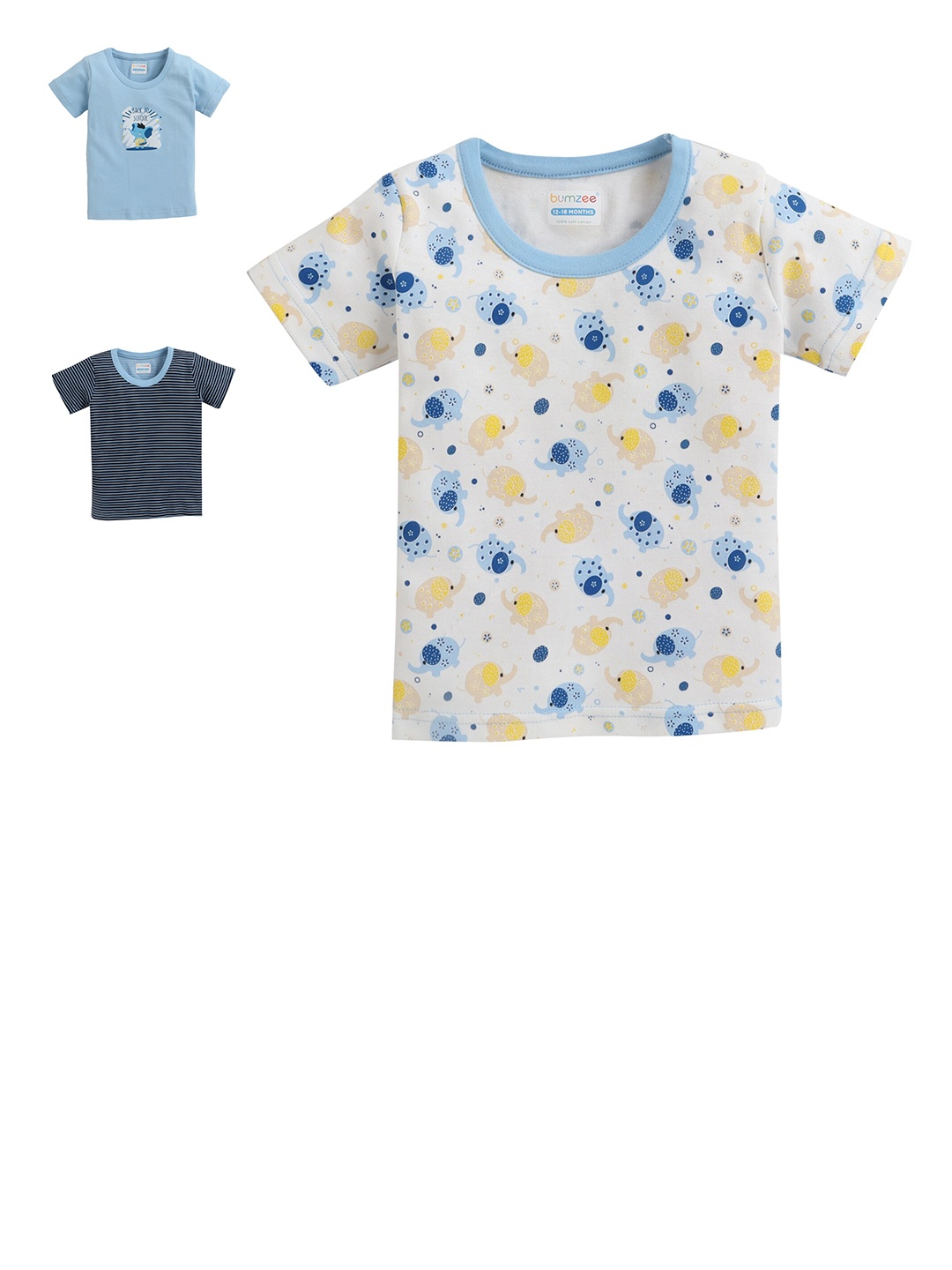 

BUMZEE Boys Blue & White Pack of 3 Printed T-shirt