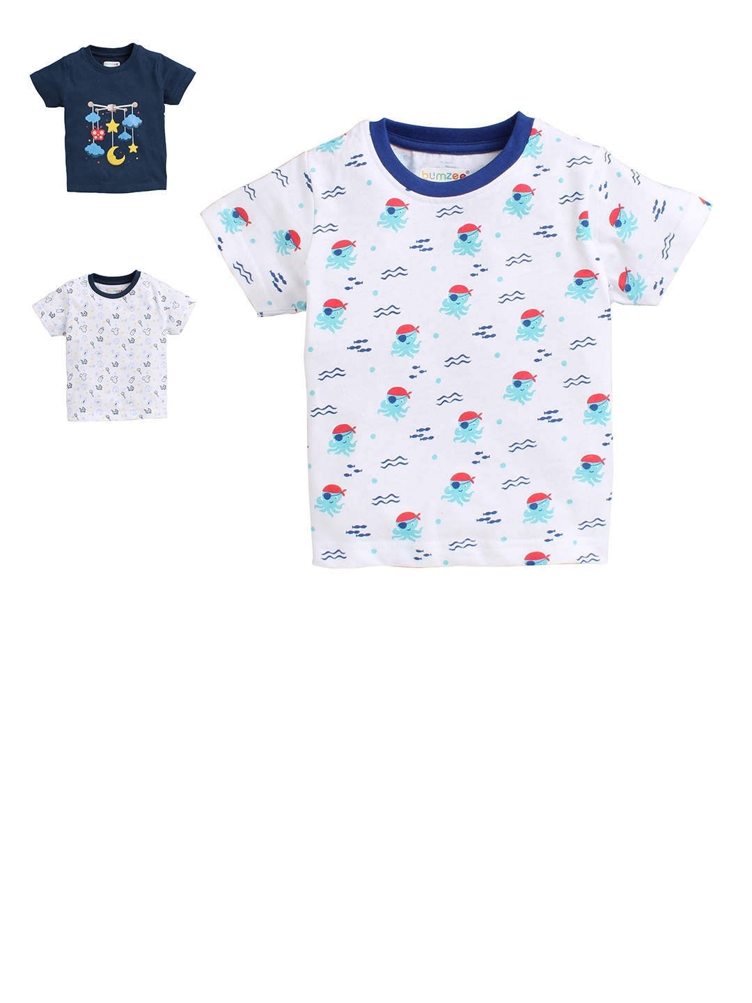 

BUMZEE Boys Navy Blue & White Pack Of 3 Printed T-shirt