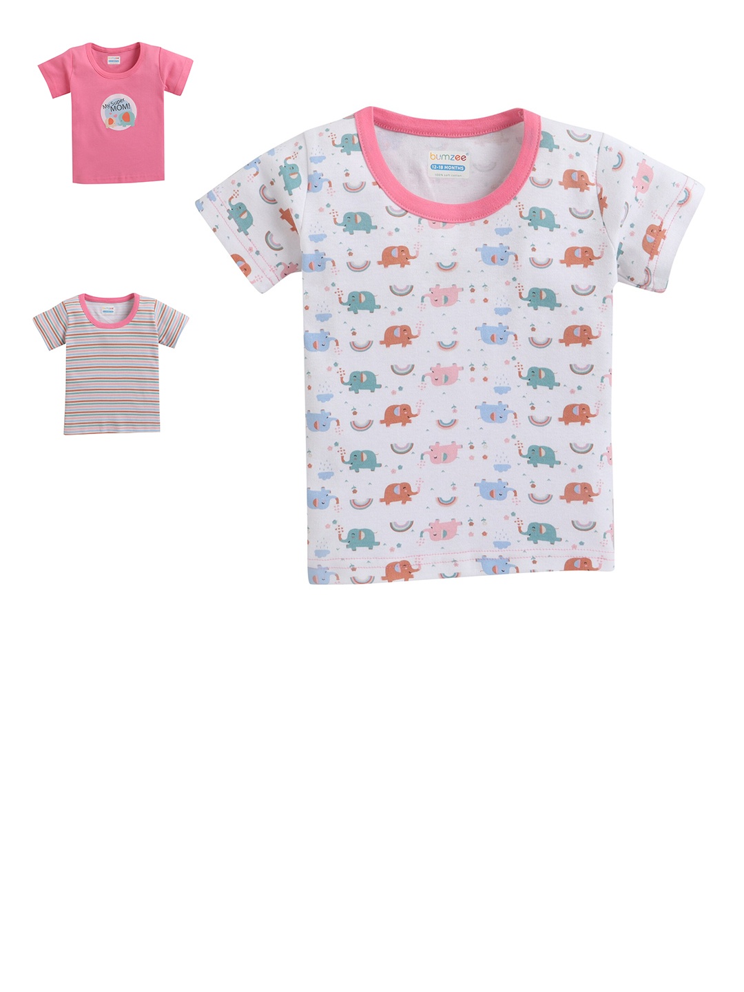 

BUMZEE Girls Pink & White Pack of 3 Printed T-shirt
