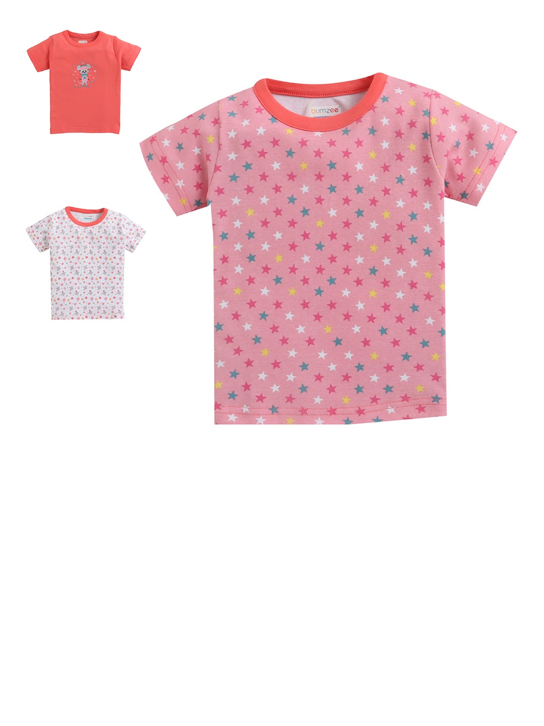 

BUMZEE Girls Pack Of 3 Printed Pockets T-shirt, Coral