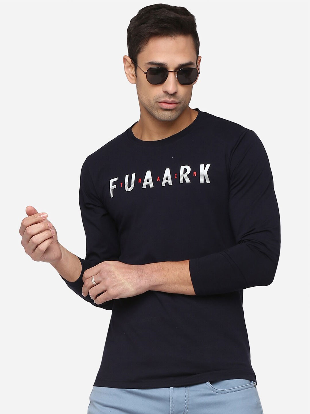 

FUAARK Men Navy Blue Typography Printed Anti Odour T-shirt