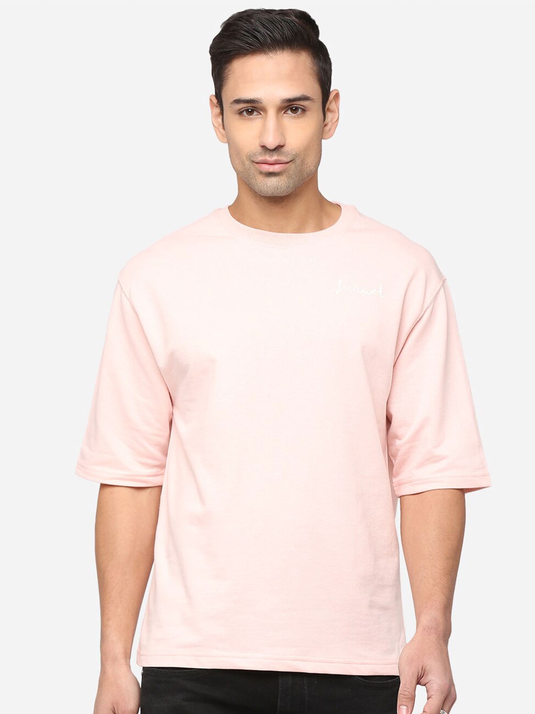 

FUAARK Men Pink Drop-Shoulder Sleeves Anti Odour Raw Edge Loose T-shirt