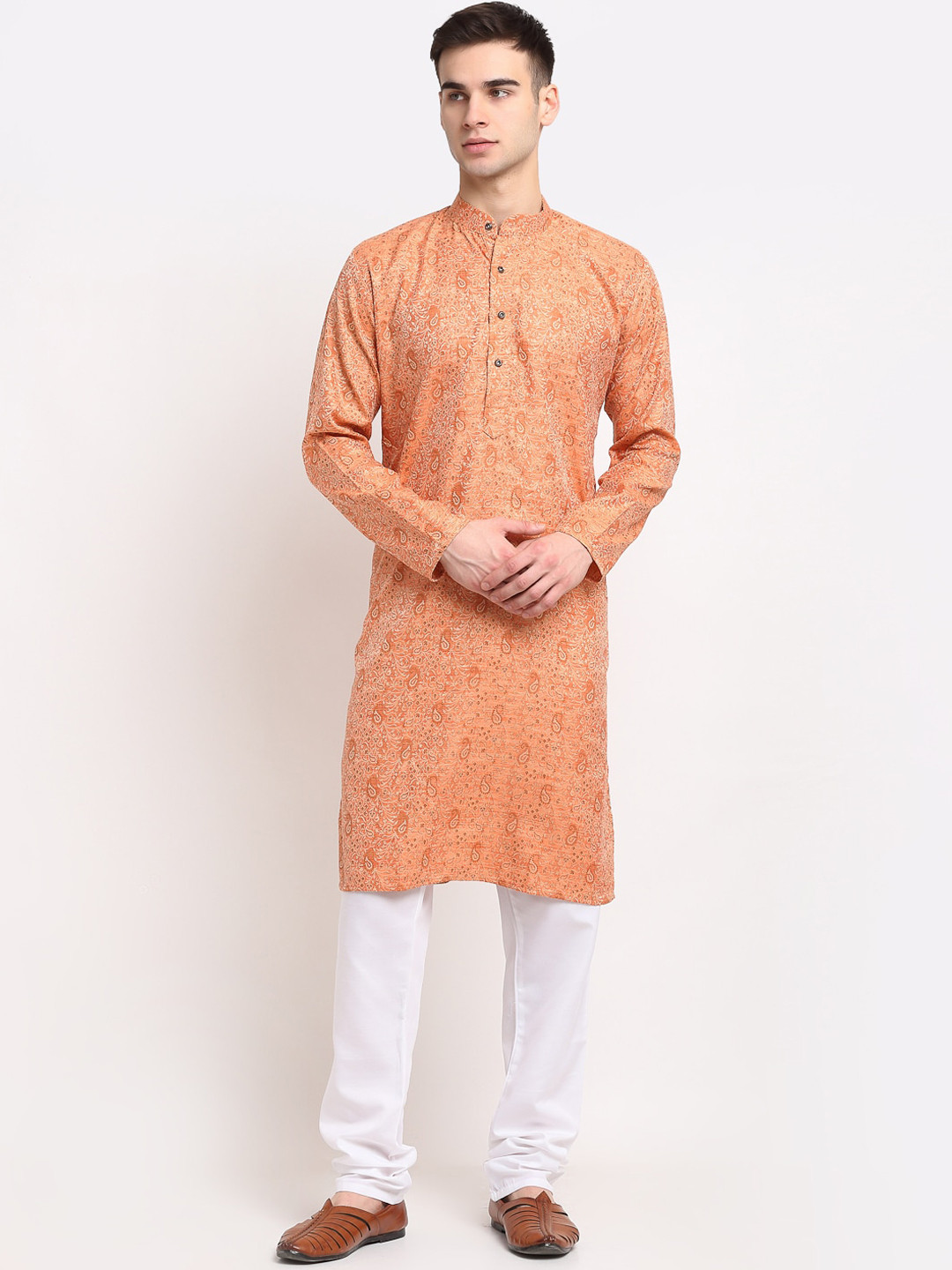 

Jompers Men Peach-Coloured Woven Design Kurta with Churidar