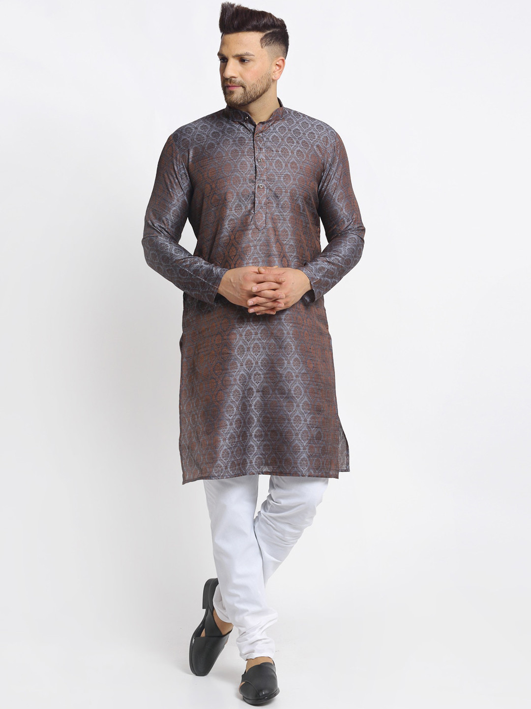 

Jompers Men Grey Jacquard Kurta with Pyjamas