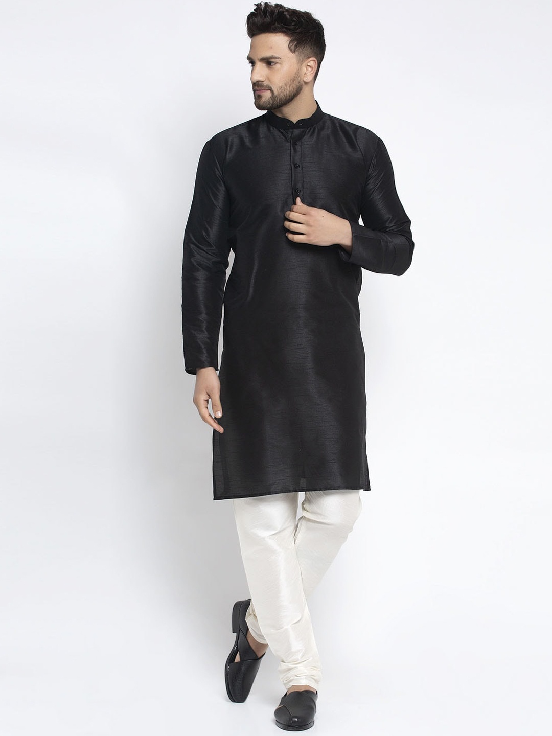 

Jompers Men Black Dupion Silk Kurta with Pyjamas