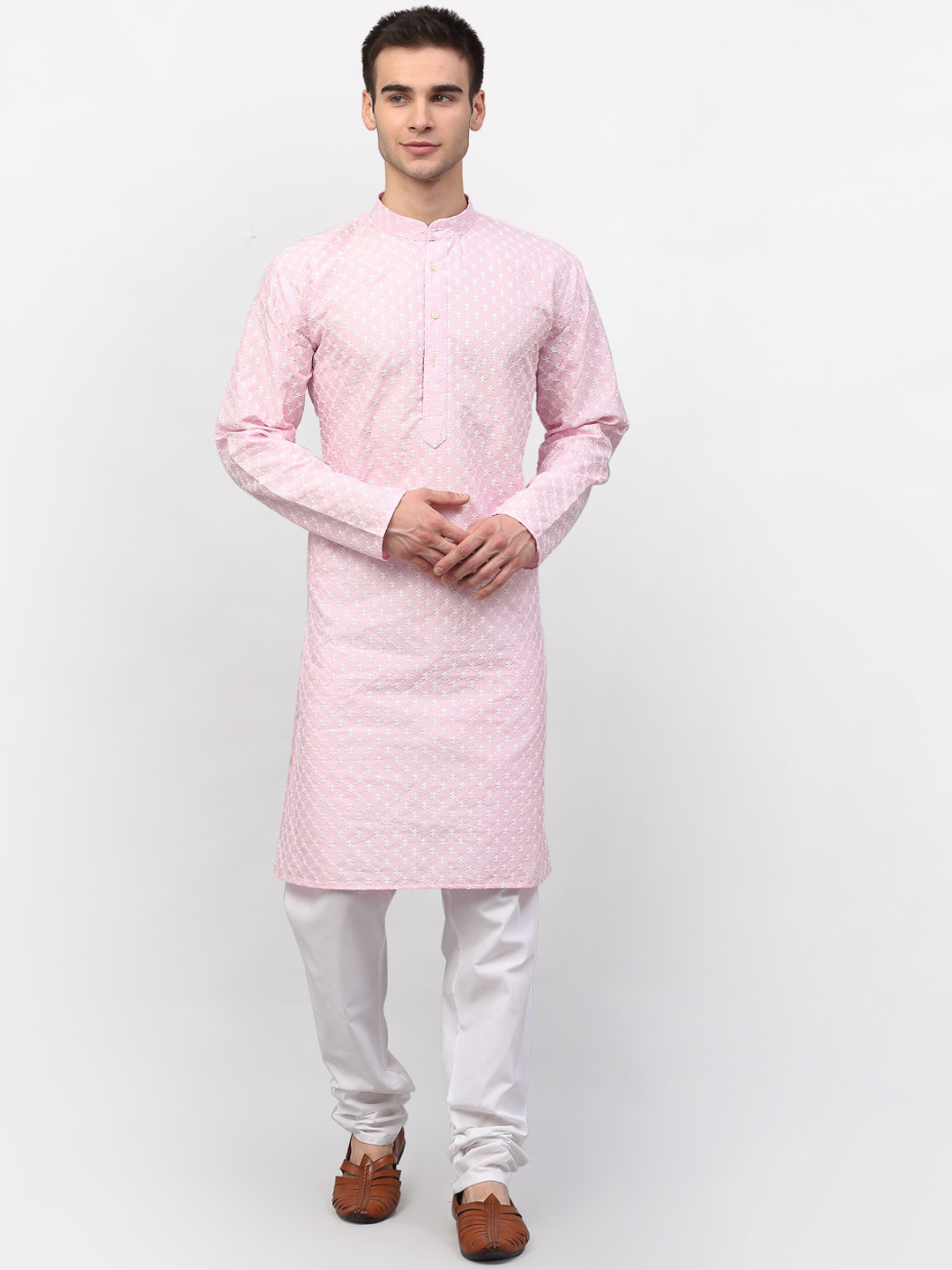 

Jompers Men Pink Embroidered Kurta with Churidar