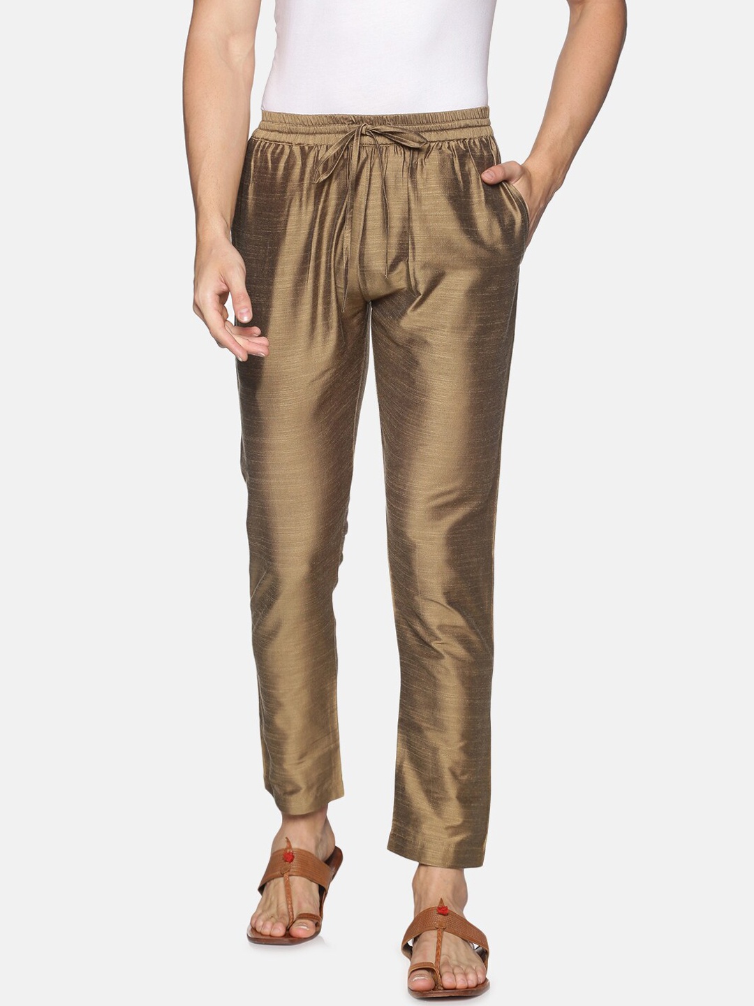 

Saffron Threads Men Gold-Coloured Solid Woven Pyjamas