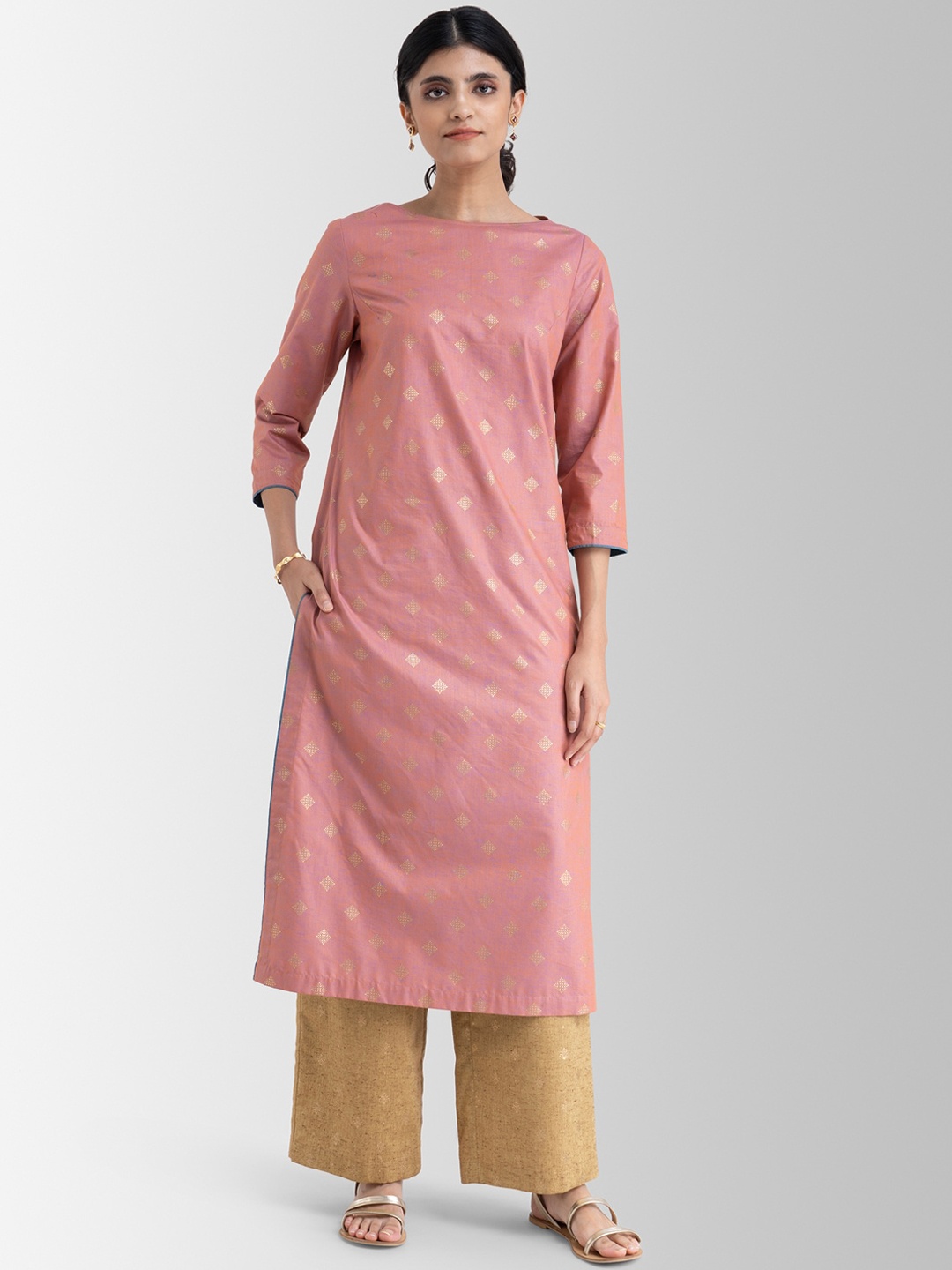 

Pink Fort Women Pink & Mustard Printed Kurta with Palazzos