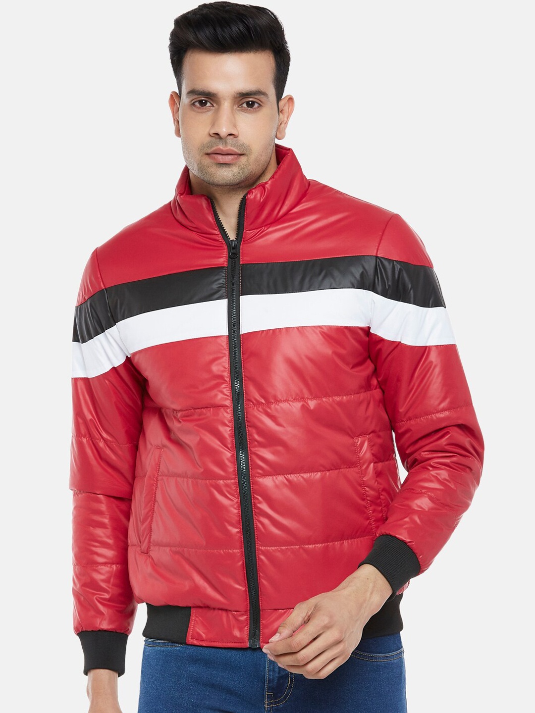 

People Men Red Black Colourblocked Mock Collar Bomber Jacket