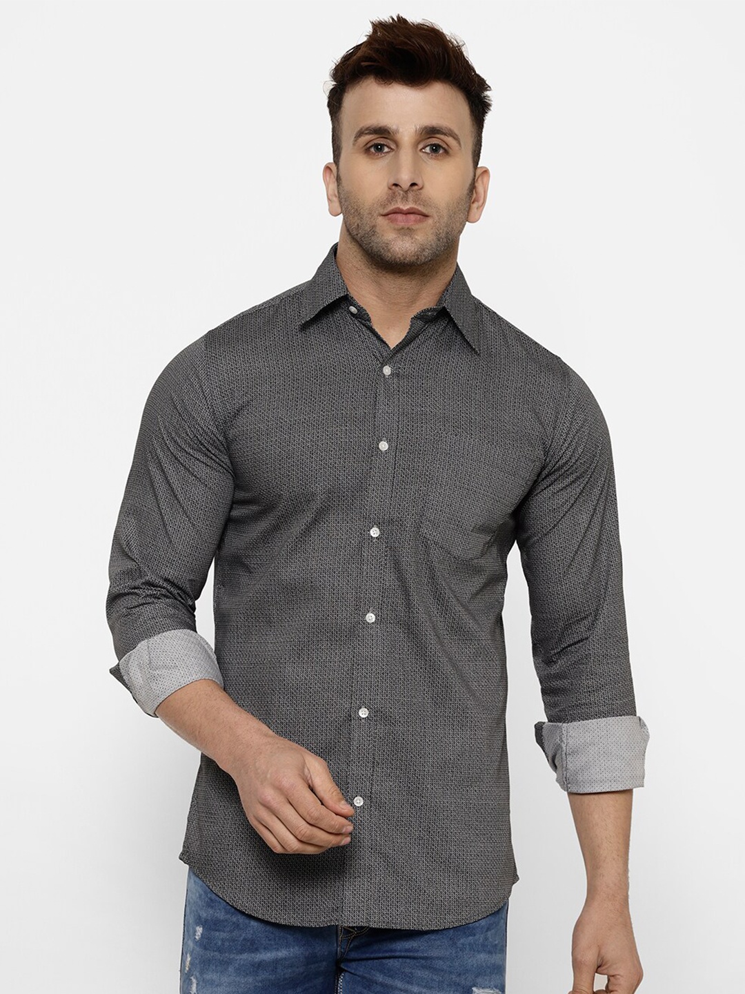 

cape canary Men Grey Smart Printed Casual Shirt