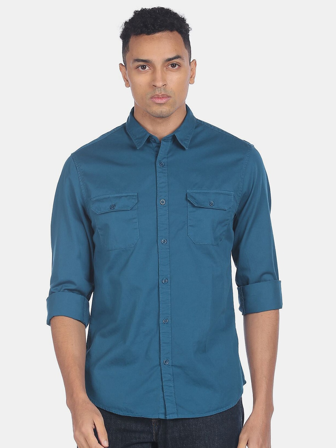 

Ruggers Men Blue Solid Cotton Casual Shirt