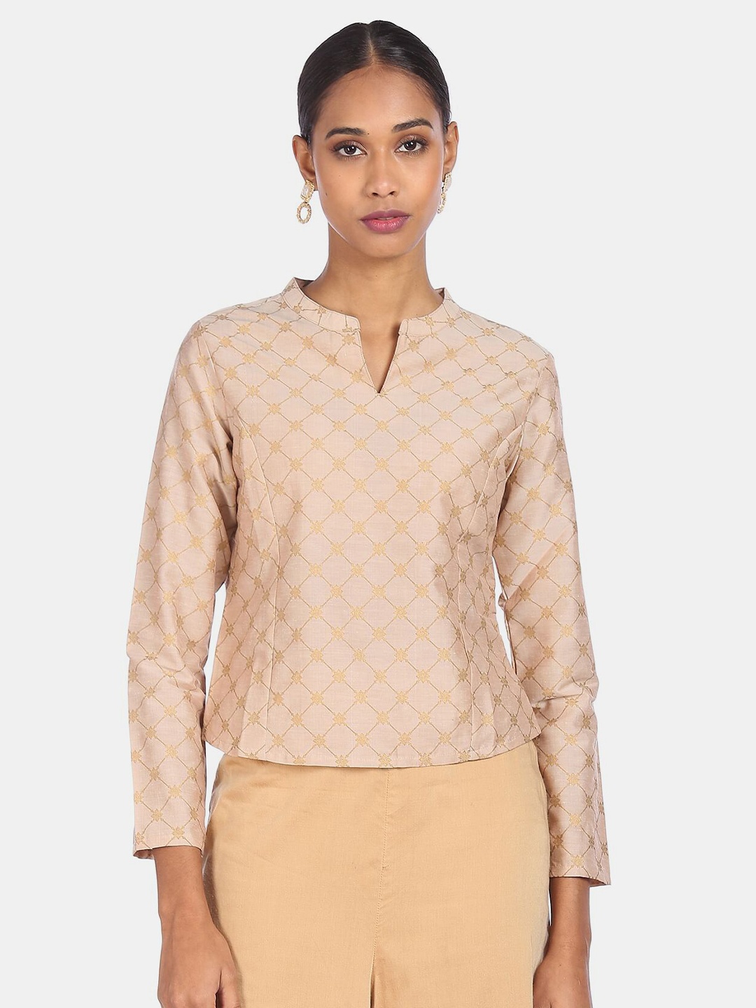 

Anahi Beige Checked Mandarin Collar Top