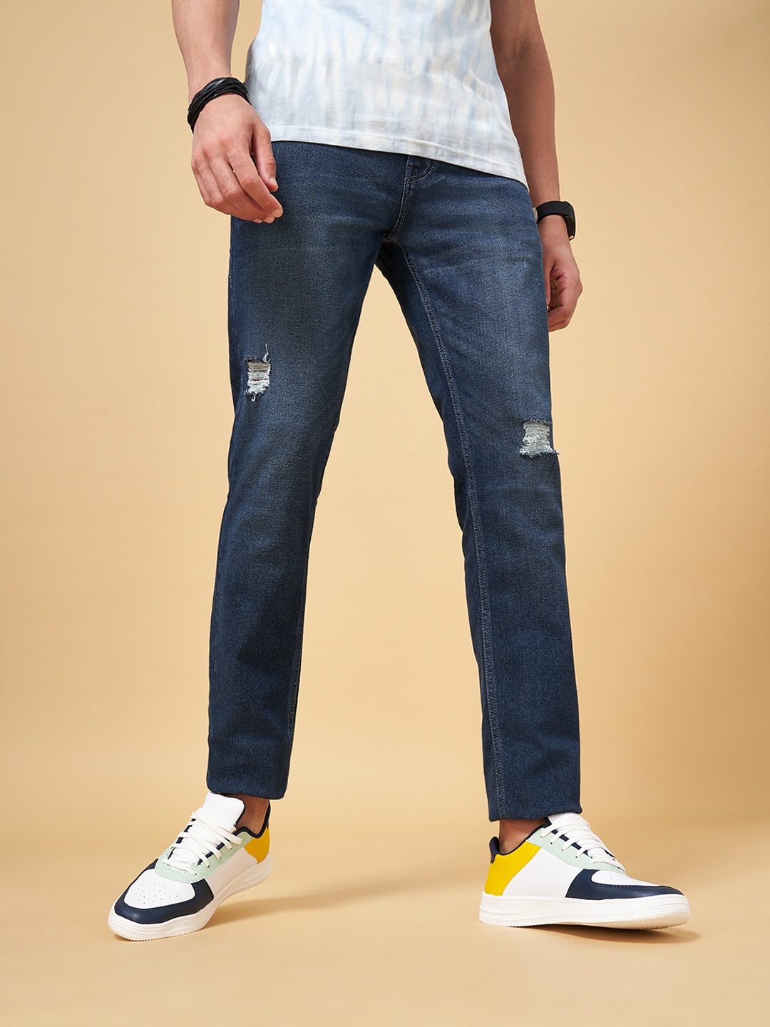 

People Men Blue Slim Fit Mildly Distressed Light Fade Cropped Jeans