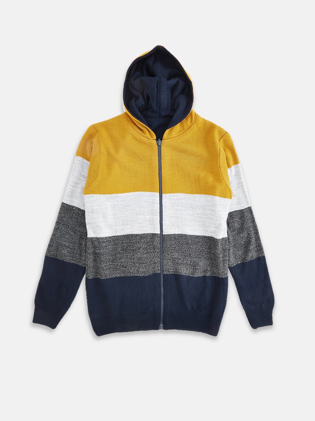 

Pantaloons Junior Boys Mustard & Grey Colourblocked Hooded Acrylic Cardigan