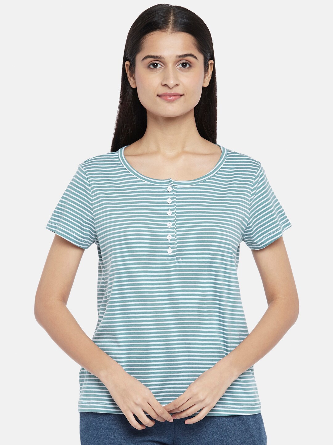 

Dreamz by Pantaloons Teal Striped Round Neck Lounge tshirt