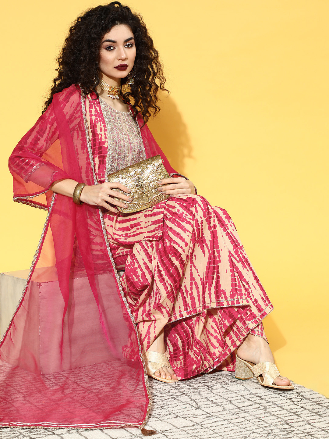

Indo Era Abstract Cotton Blend Short Kurti with Sharara, Pink