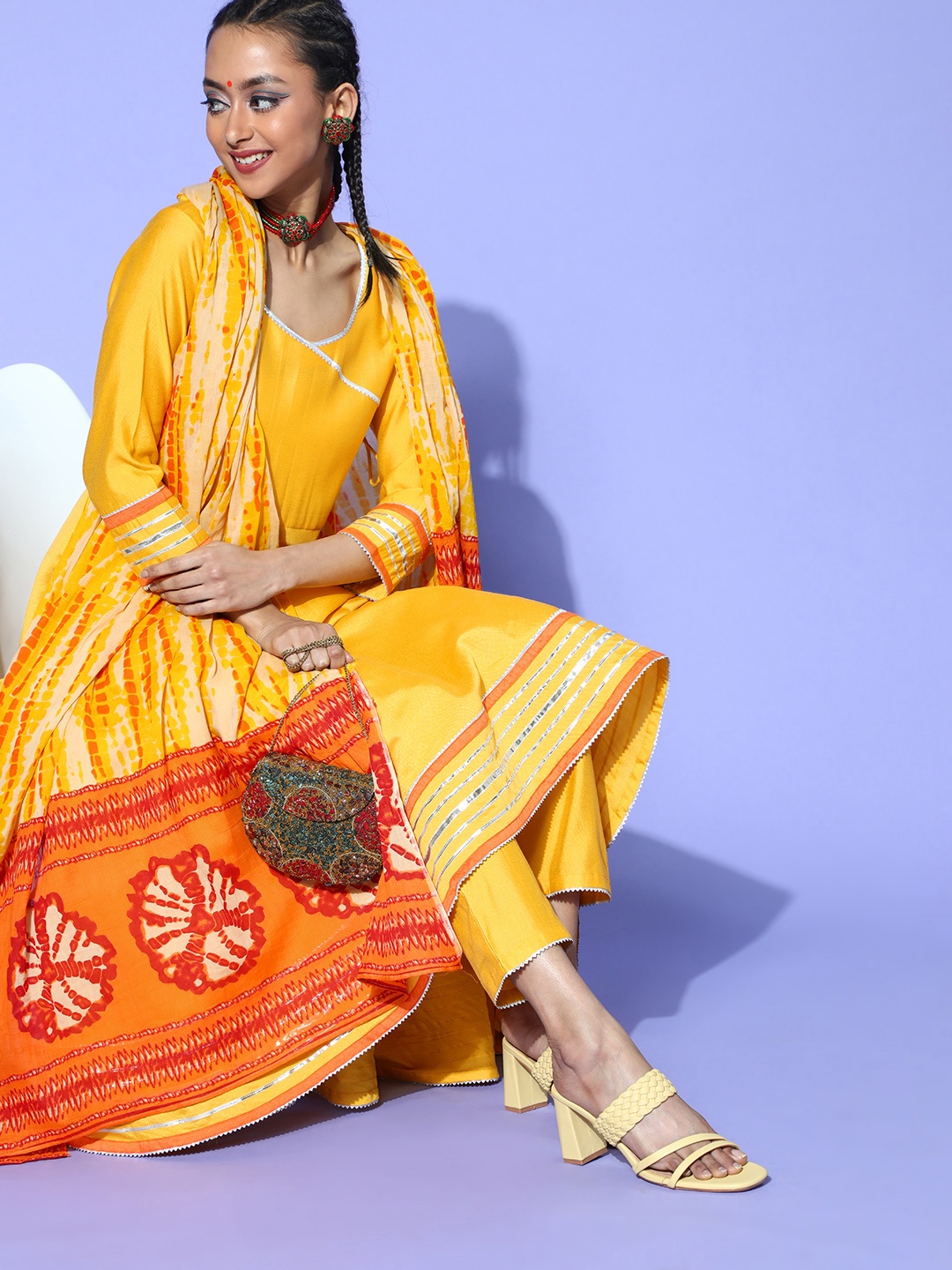 

Indo Era Women Yellow Angrakha Gotta Patti A-Line Kurta with Churidar & Dupatta