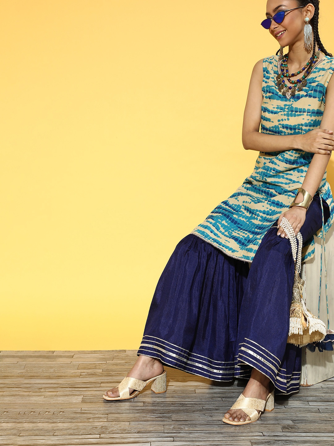 

Indo Era Ombre Cotton Blend Short Kurti with Sharara, Blue