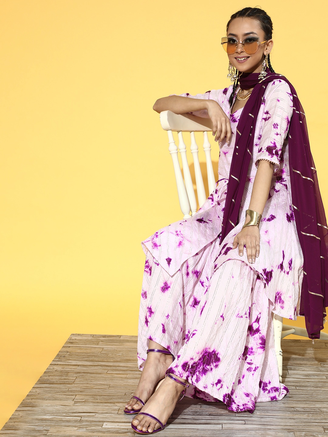 

Indo Era Ombre Satin Short Kurti with Sharara, Off white