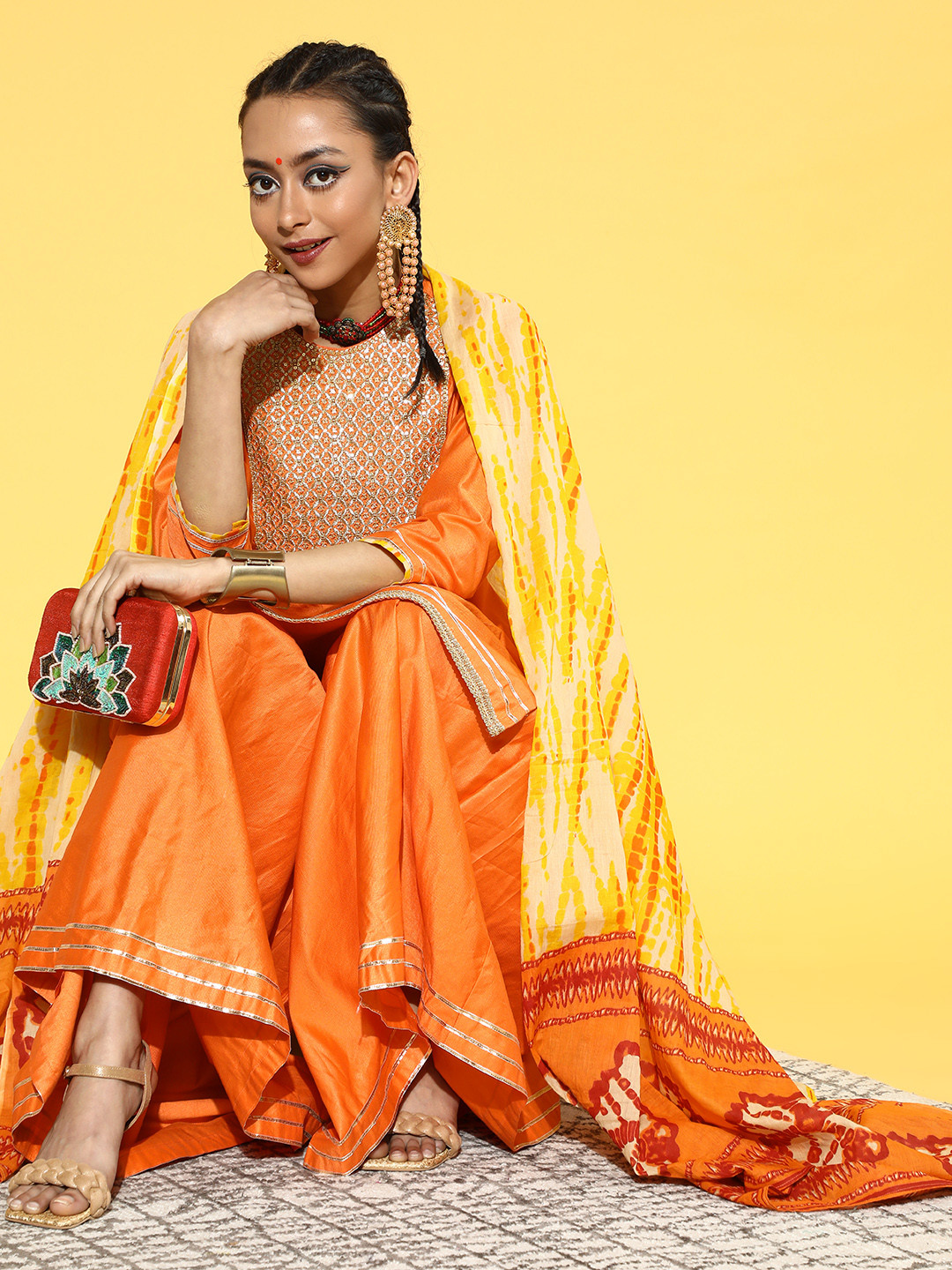 

Indo Era Women Orange Ethnic Motifs Embroidered Gotta Patti Kurta with Sharara & Dupatta
