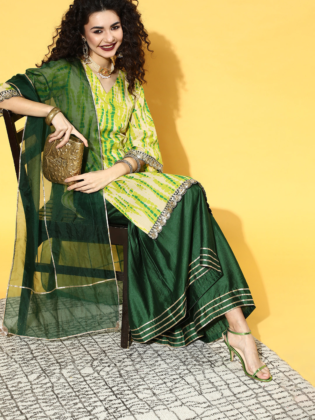 

Indo Era Abstract Cotton Blend Short Kurti with Sharara, Yellow