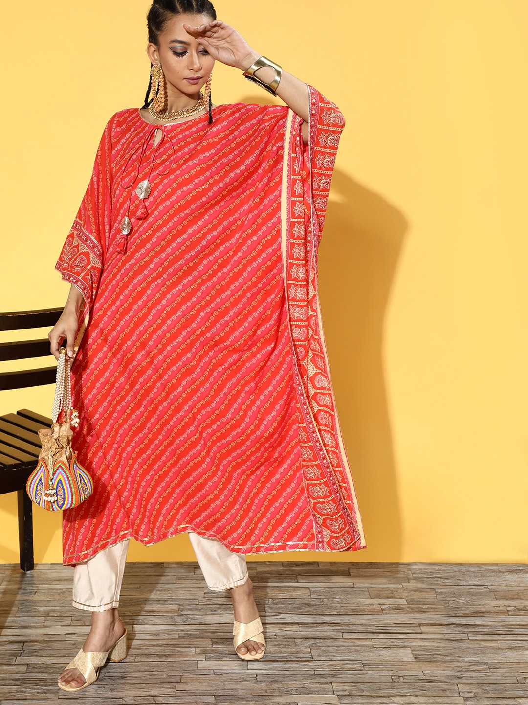 

Indo Era Bandhani Satin Kaftan Kurta Set, Coral