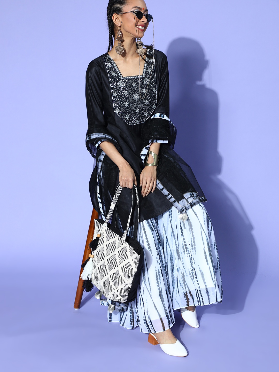 

Indo Era Women Black Ethnic Motifs Embroidered Kurta with Palazzos & With Dupatta