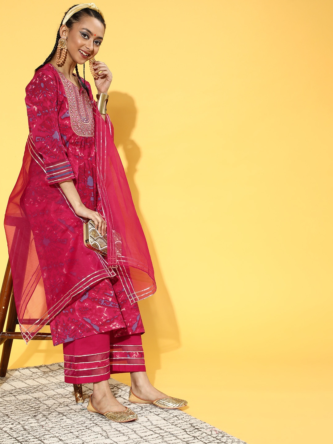 

Indo Era Women Fuchsia Tie & Dye Ethnic Motifs Yoke Design Kurta with Palazzos & Dupatta