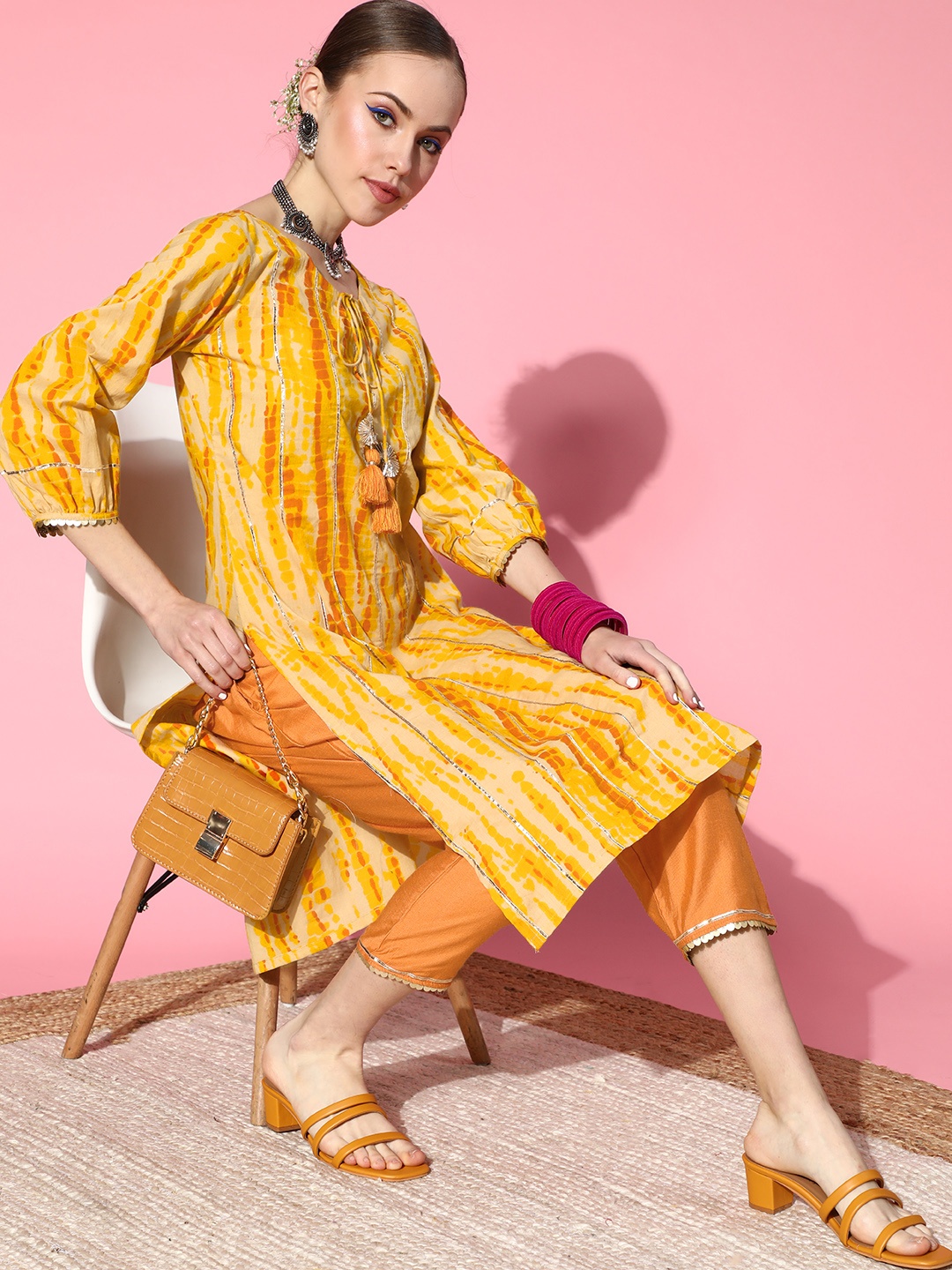

Indo Era Stylish Mustard Cotton Tie and Dye Printed Kurta