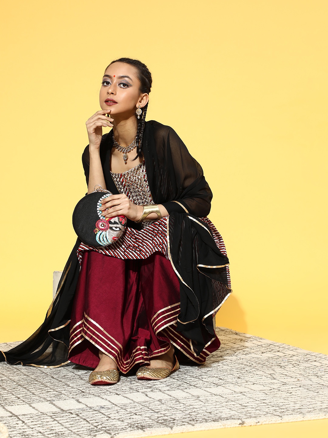

Indo Era Women Geometric Satin All in the Details Kurta Set, Maroon