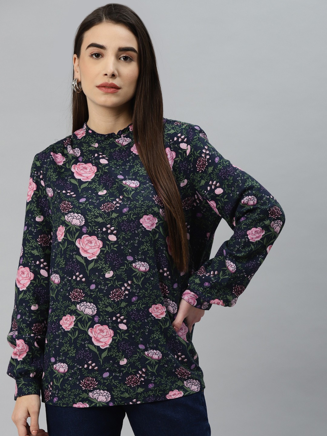 

Marks & Spencer Navy Blue Floral Print Linen Top