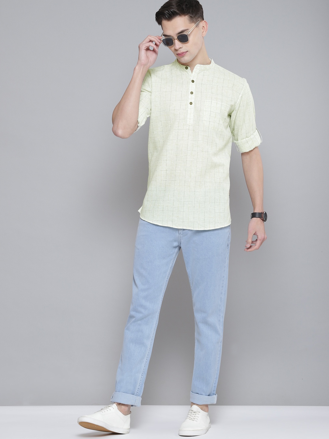 

DENNISON Men Green Striped Pastels Kurta