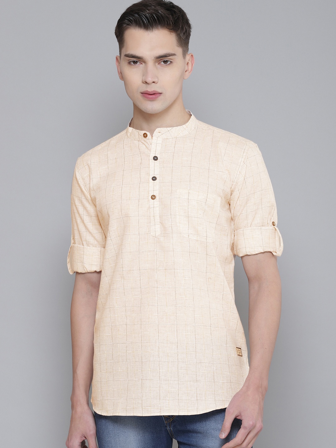 

DENNISON Men Peach-Coloured Striped Pastels Kurta