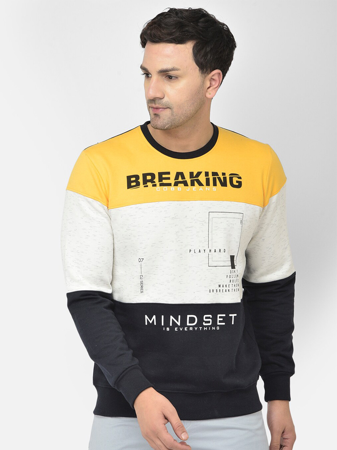 

COBB Men Yellow Colourblocked Cotton Sweatshirt