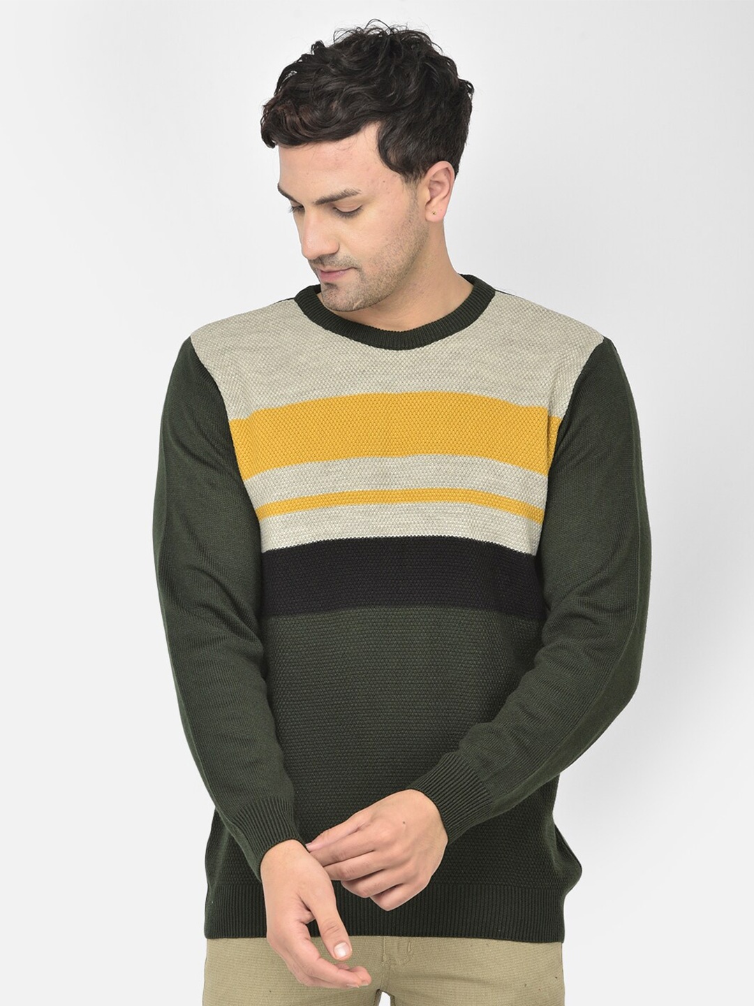 

COBB Men Olive Green & Grey Striped Pullover