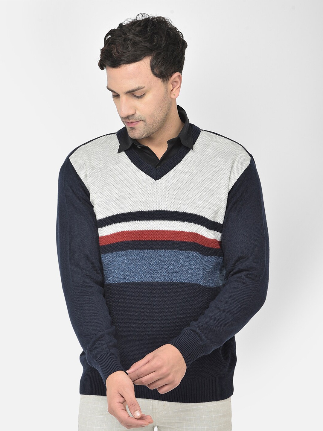 

COBB Men Grey & Navy Blue Striped Acrylic Pullover