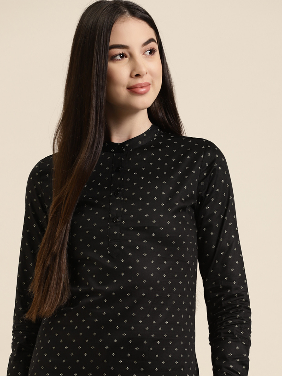 

Hancock Black Print Mandarin Collar Top