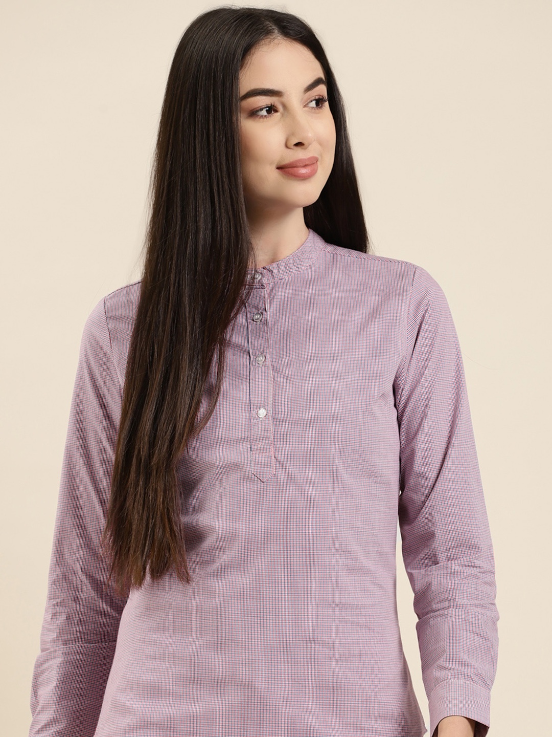 

Hancock Blue & Red Checked Mandarin Collar Top