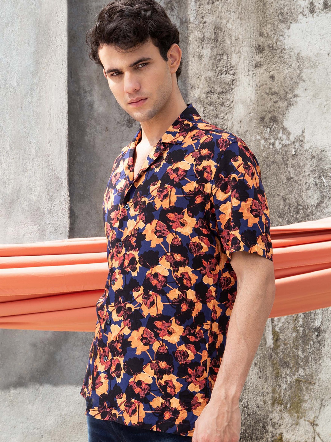 

RARE RABBIT Men Brooke Slim Fit Floral Printed Shirt, Navy blue