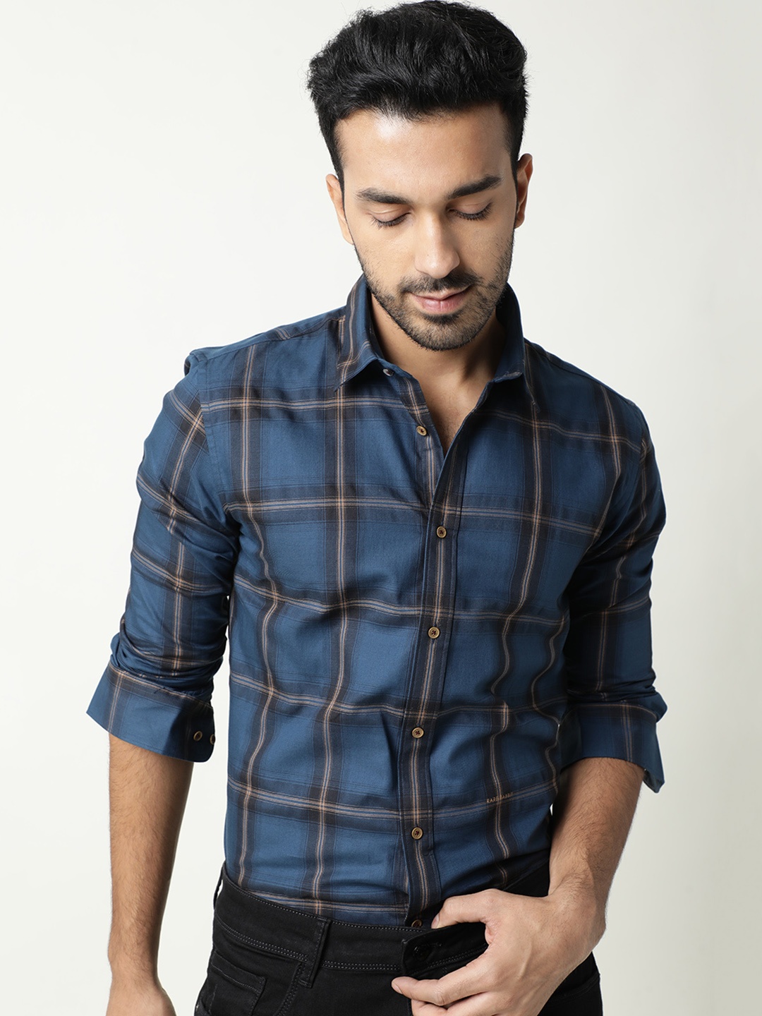 

RARE RABBIT Men Artha Slim Fit Windowpane Check Shirt, Navy blue