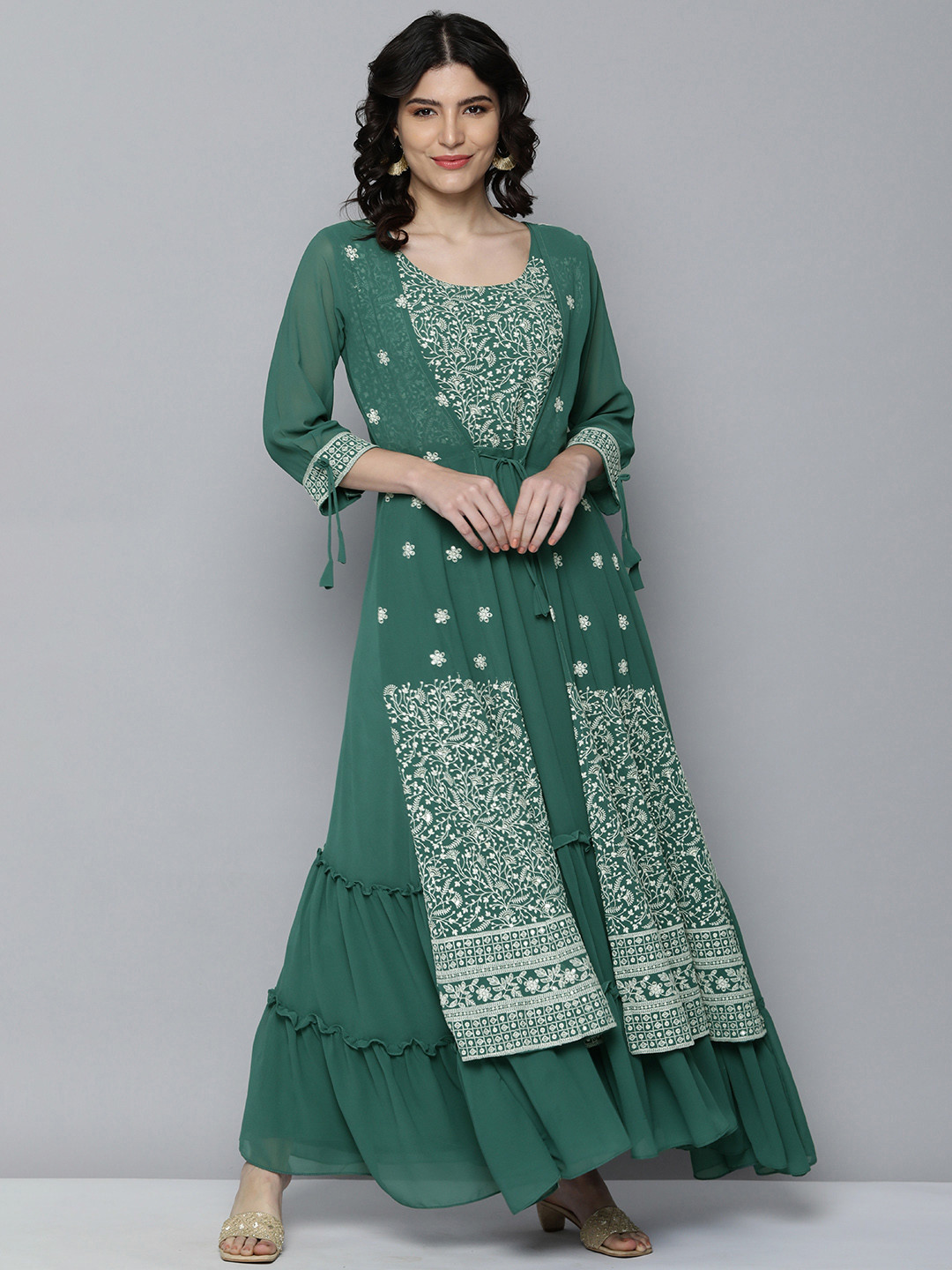 

Kvsfab Green Georgette Embroidered Layered Ethnic Maxi Dress