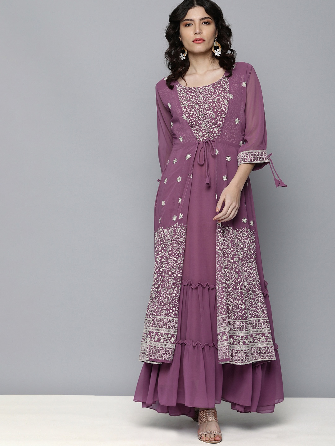 Kvsfab Mauve Georgette Embroidered Layered Ethnic Maxi Dress