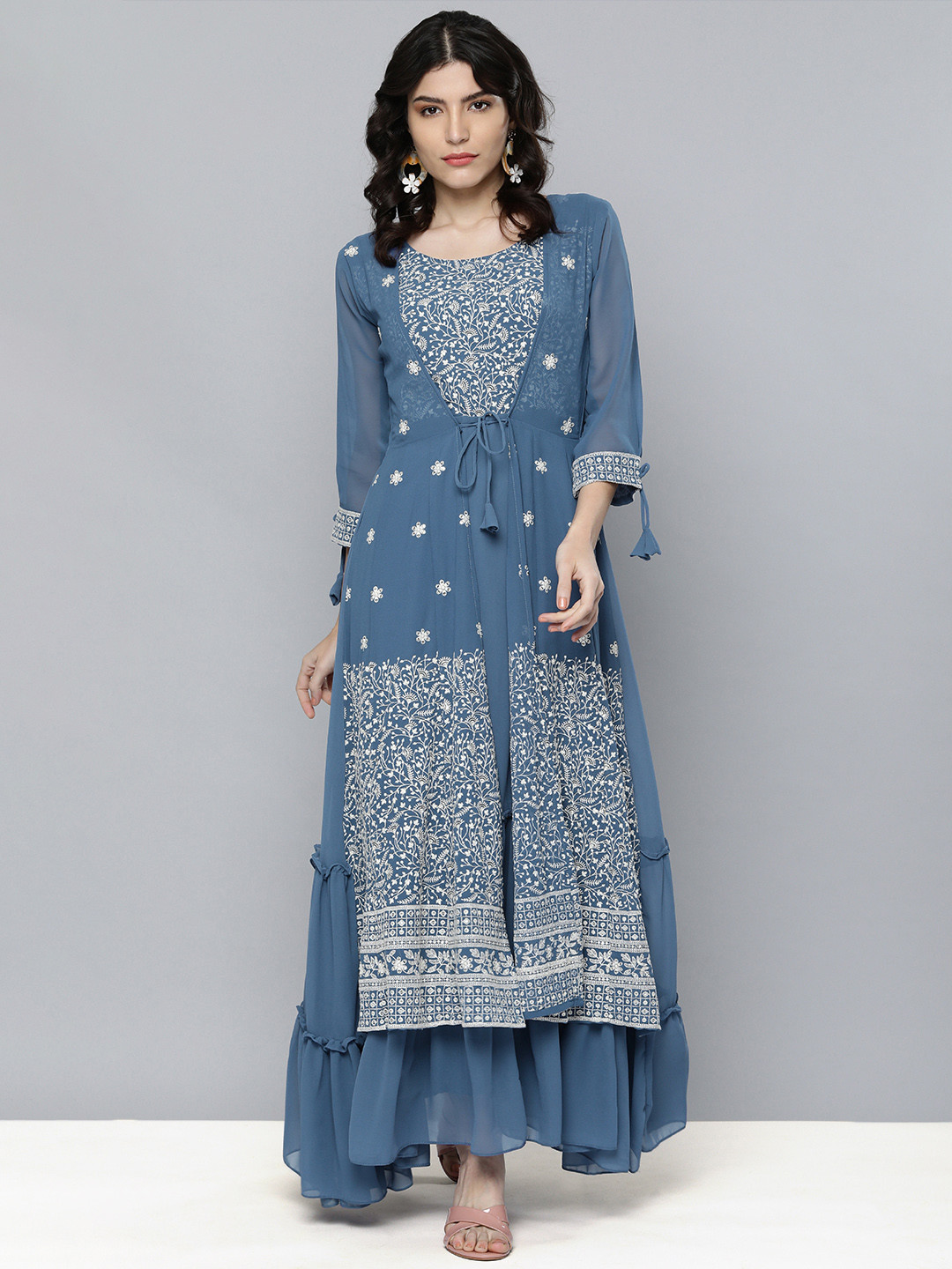 

Kvsfab Blue Georgette Embroidered Layered Ethnic Maxi Dress
