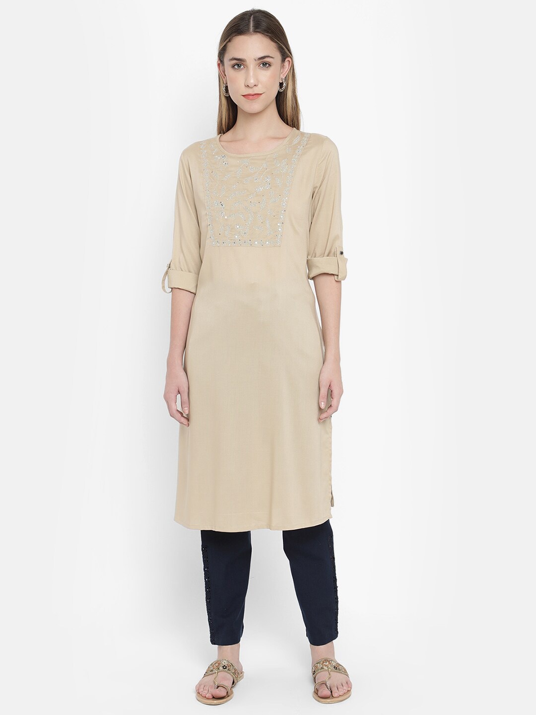 

V2 Value & Variety Women Beige & Silver Sequin Yoke Design Kurta